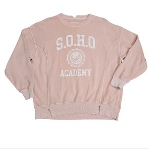 Aerie SOHO Academy Distressed Crewneck Sweatshirt XS Oversized Pink White Logo
